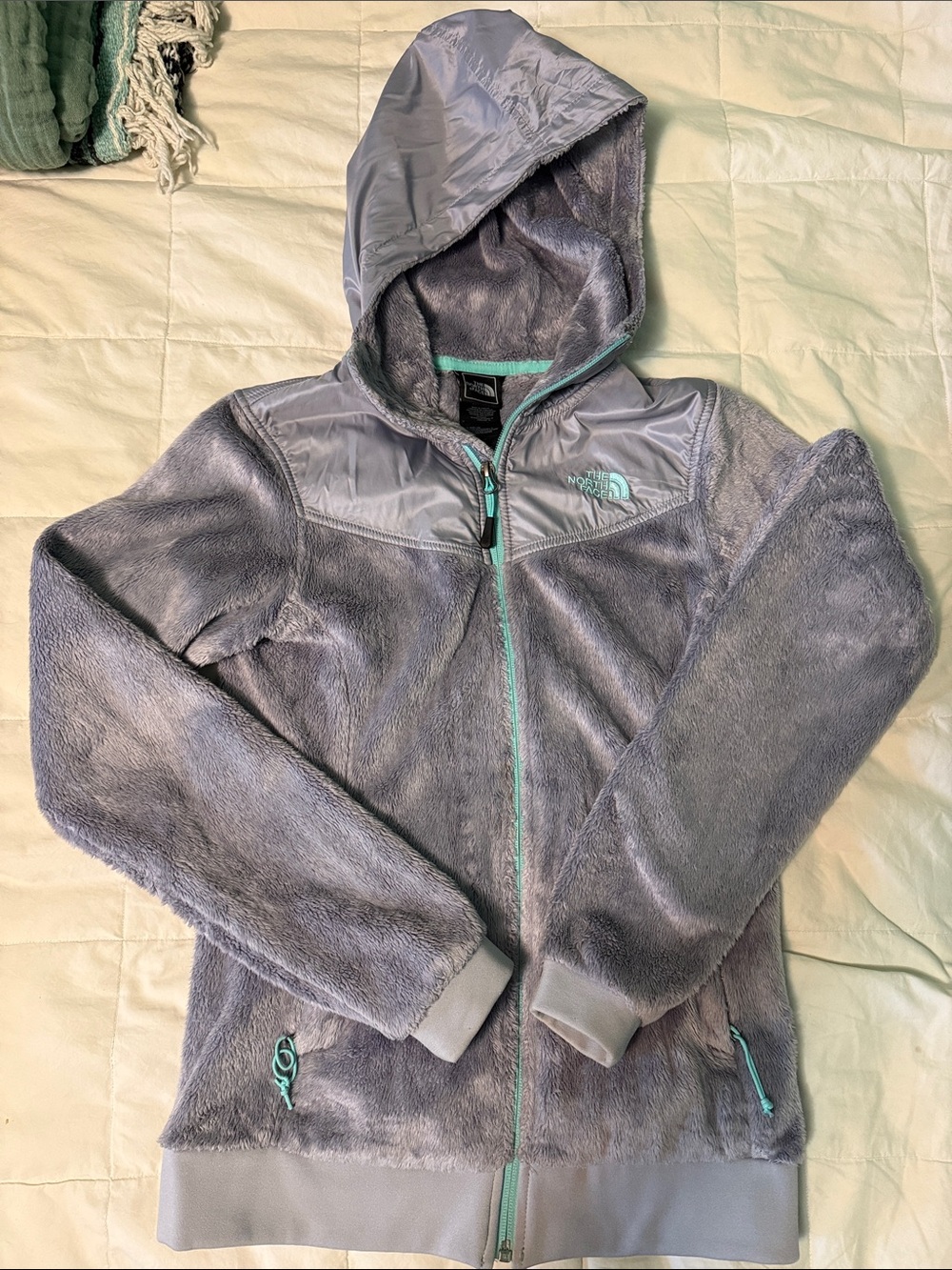 The North Face Gray Plush Hooded Jacket with Teal Zipper Accents